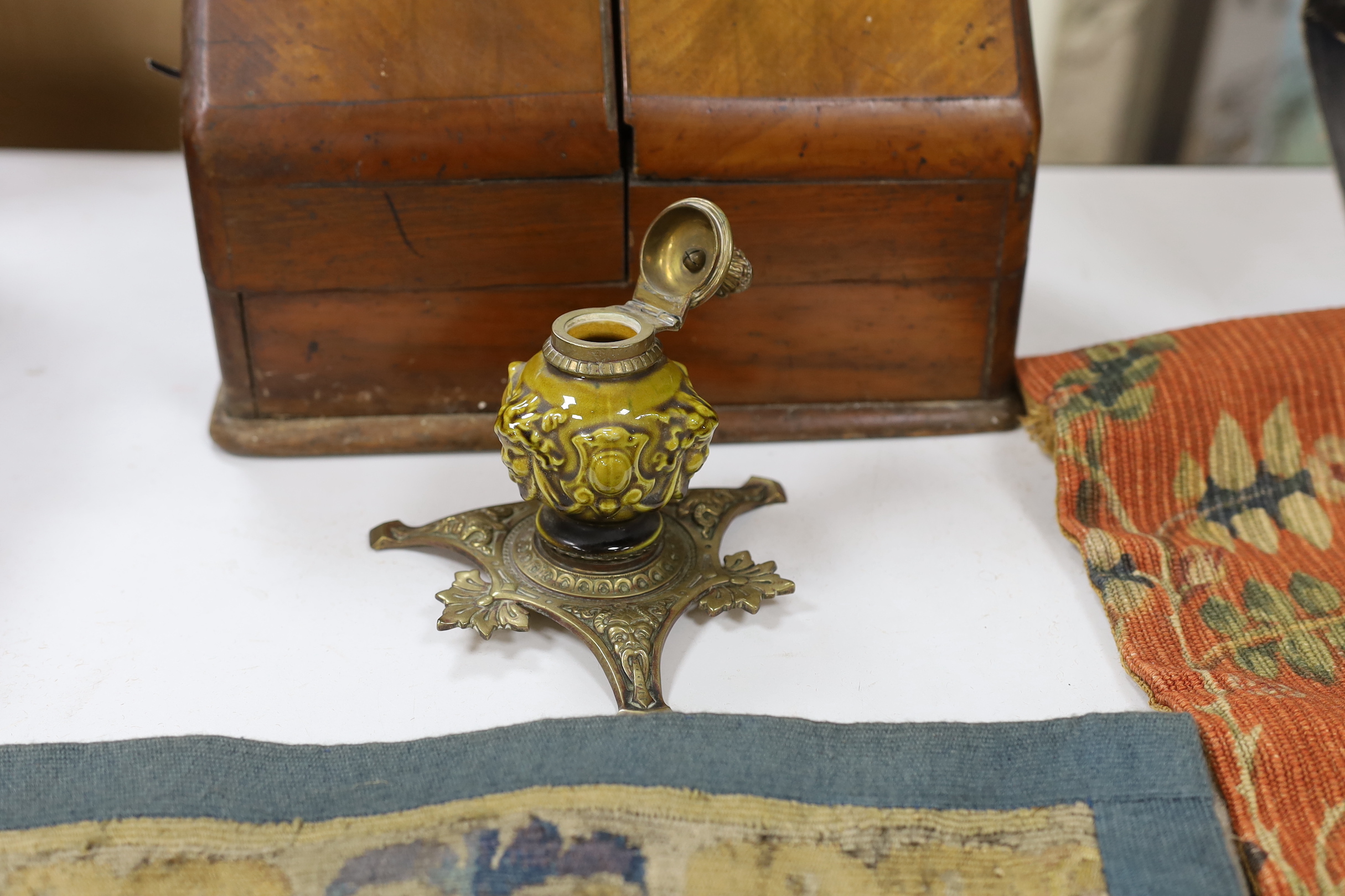 A Victorian walnut stationery box and brass inkwell, box 33cm wide, 30cm high